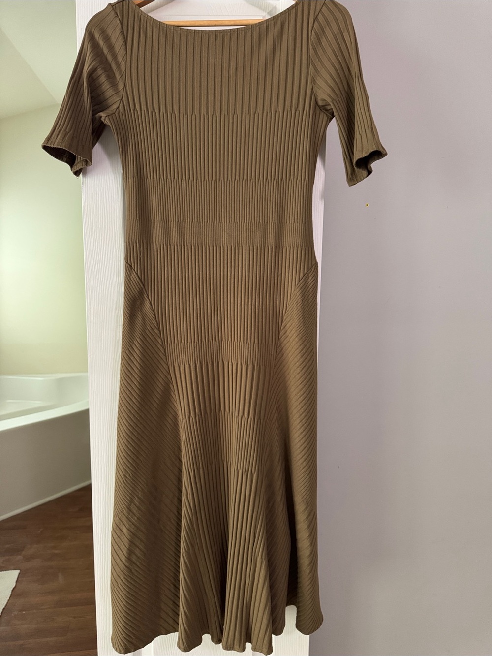 Theory Olive Green Ribbed Fit-and-Flare Midi Dress
